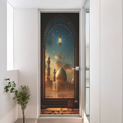 3D Deursticker Islamitische Moskee Boog Zonsondergang PVC Zelfklevend Midden-Oosterse Stijl Muurschildering Huisdecoratie