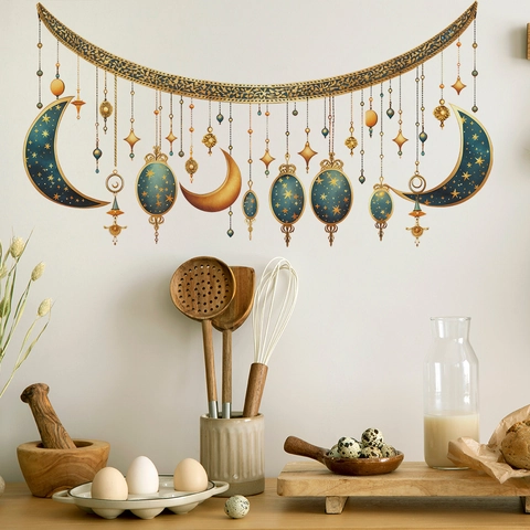 Pegatina de Pared Ramadan Luna Estrellas Linterna PVC Removible Decoración Islámica Eid Azul Marino Oro Mural Para Sala De Estar Dormitorio