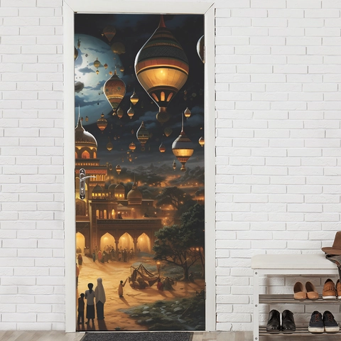 Sticker de Porte Nuit Arabe Fantastique en PVC Auto-Adhésif 3D Montgolfière Lune Palais Décoration de Rénovation Maison