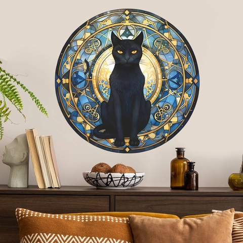 Stained Glass Style Round Black Cat Wall Sticker PVC Waterproof Art Mandala Pattern For Living Room Bedroom Home Decor