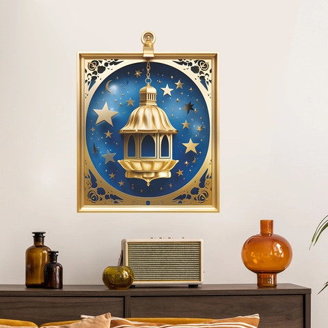 Pegatina de Pared Ramadan Islámico Efecto 3D PVC Linterna Dorada Luna Estrella Cielo Estrellado para Sala de Estar Hogar