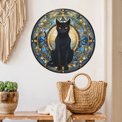 Stained Glass Style Round Black Cat Wall Sticker PVC Waterproof Art Mandala Pattern For Living Room Bedroom Home Decor
