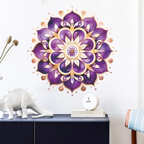 Mandala Wall Sticker Purple Gold Watercolor Floral Symmetrical Geometric PVC Removable Decal For Living Room Bedroom Decor