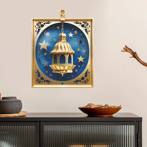 Pegatina de Pared Ramadan Islámico Efecto 3D PVC Linterna Dorada Luna Estrella Cielo Estrellado para Sala de Estar Hogar