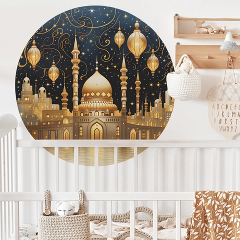 Adhesivo de Pared Redondo Mezquita Islámica Linterna de Oro Noche Estrellada Ramadan Decoración para Dormitorio Niños Sala PVC DIY