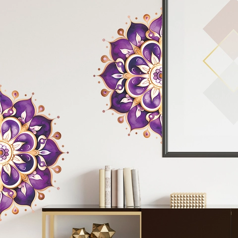 Mandala Wall Sticker Purple Gold Watercolor Floral Symmetrical Geometric PVC Removable Decal For Living Room Bedroom Decor