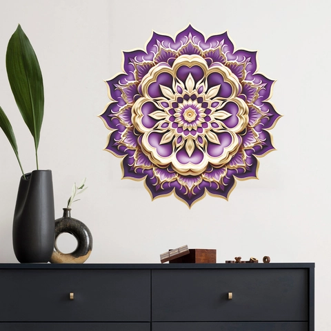 Purple Gold Mandala Wall Sticker 3D Effect PVC Adhesive Lotus Flower Decal For Living Room Bedroom Home Wall Decoration