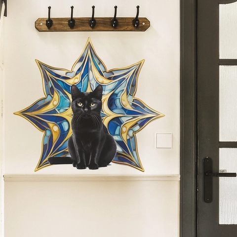 Kreativer Wandaufkleber Schwarze Katze Mandala Stern Geometrisch Blau Gold Muster PVC Dekoratives Wandbild Wohnzimmer