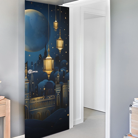 Pegatinas de Puerta Ramadan Islámico Luna Estrellas Linterna Silueta Mezquita DIY PVC Impermeable Autoadhesivo Decoración Hogar