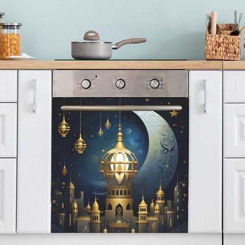 Ramadan Eid Mubarak Wall Stickers PVC Gold Mosque Moon Lantern Decorative Decal For Kitchen Dishwasher Oven Home Decor