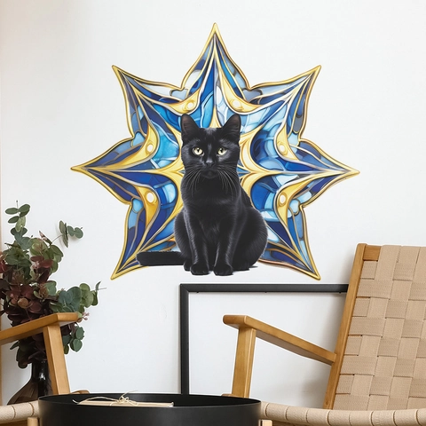 Kreativer Wandaufkleber Schwarze Katze Mandala Stern Geometrisch Blau Gold Muster PVC Dekoratives Wandbild Wohnzimmer