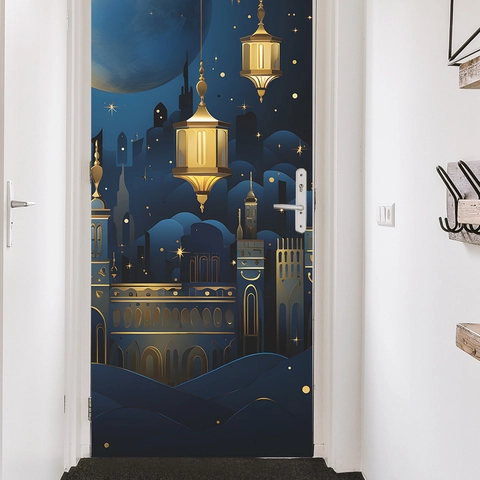 Pegatinas de Puerta Ramadan Islámico Luna Estrellas Linterna Silueta Mezquita DIY PVC Impermeable Autoadhesivo Decoración Hogar