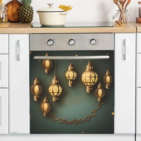 Ramadan Laterne PVC Wandtattoos Für Küche Backofentür Dekor Wasserdicht Ölabweisend Gold Grün Fanoos Muster Aufkleber