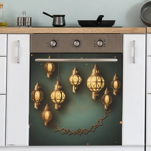 Ramadan Laterne PVC Wandtattoos Für Küche Backofentür Dekor Wasserdicht Ölabweisend Gold Grün Fanoos Muster Aufkleber