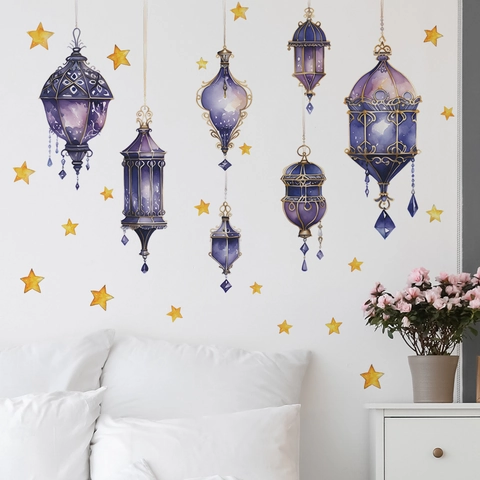 Pegatinas de Pared de Linterna de Ramadán y Estrellas en Acuarela Lámpara Colgante Marroquí Púrpura Calcomanías de PVC Hogar