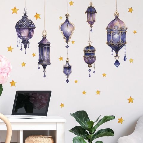 Pegatinas de Pared de Linterna de Ramadán y Estrellas en Acuarela Lámpara Colgante Marroquí Púrpura Calcomanías de PVC Hogar