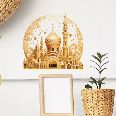 Islamic Gold Mosque Wall Sticker Metallic 3D Visual Eid Ramadan Decoration For Living Room Bedroom PVC Self-Adhesive Decal