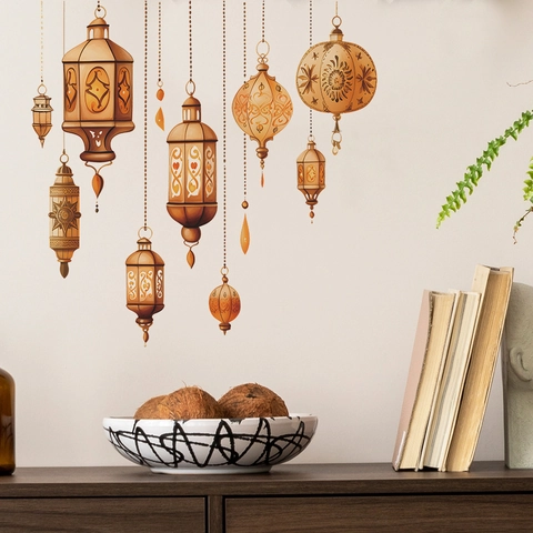 Vintage Ramadan Lantern Wall Stickers Middle Eastern Style Hollow Lamp PVC Decals For Bedroom Living Room Home Decor M-335