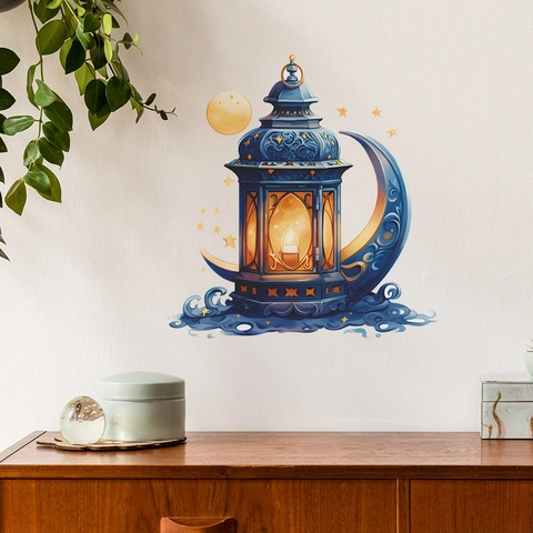 Pegatina de Pared de Ramadán Estilo Islámico Linterna Azul Media Luna de Oro Estrellas Mural de PVC Removible para Dormitorio