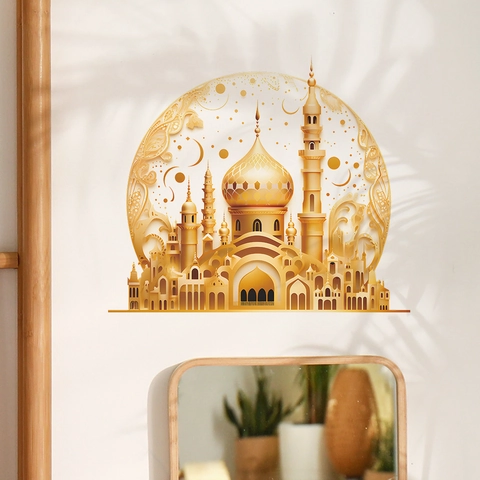Islamic Gold Mosque Wall Sticker Metallic 3D Visual Eid Ramadan Decoration For Living Room Bedroom PVC Self-Adhesive Decal