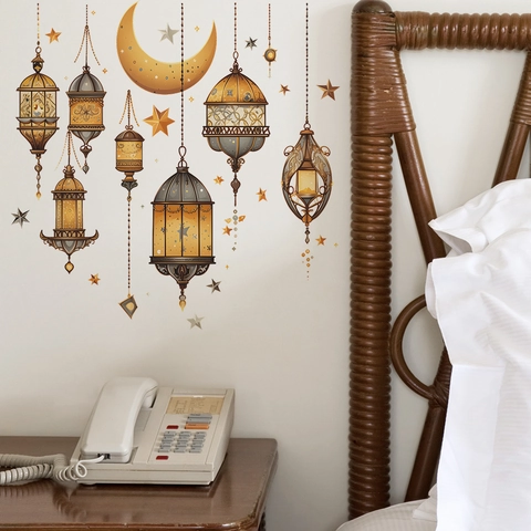 Pegatinas de Pared de Linterna de Estrellas de Luna de Ramadán Oro Vintage PVC Autoadhesivas Para Dormitorio Sala de Estar
