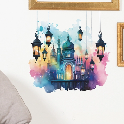 Vinilo de Pared de Castillo y Linternas Islámicas de Acuarela para Decoración de Ramadán Eid Mubarak Adhesivo de Arte de PVC para Hogar