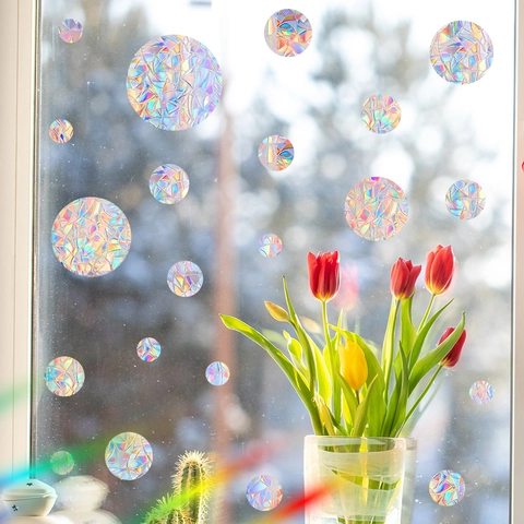 Regenbogen Fensterfolie Holografische Kreis Suncatcher Aufkleber PVC Statisch Haftende Prismen Fensterbilder Für Haus Deko Glas