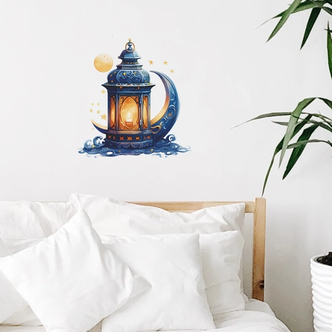 Pegatina de Pared de Ramadán Estilo Islámico Linterna Azul Media Luna de Oro Estrellas Mural de PVC Removible para Dormitorio