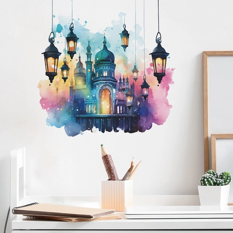 Vinilo de Pared de Castillo y Linternas Islámicas de Acuarela para Decoración de Ramadán Eid Mubarak Adhesivo de Arte de PVC para Hogar