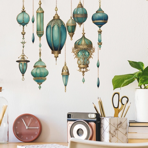 Vintage Exotische Laterne Wandsticker Selbstklebend PVC Cyan Gold Hängelampe Aufkleber Für Schlafzimmer Kleiderschrank Deko Verschönerung