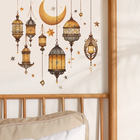 Pegatinas de Pared de Linterna de Estrellas de Luna de Ramadán Oro Vintage PVC Autoadhesivas Para Dormitorio Sala de Estar