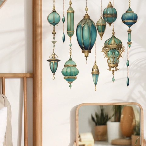 Vintage Exotische Laterne Wandsticker Selbstklebend PVC Cyan Gold Hängelampe Aufkleber Für Schlafzimmer Kleiderschrank Deko Verschönerung