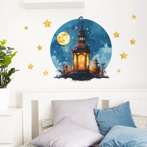 Adesivi Murali Fantasia Circolare con Luna Lanterna e Stelle in PVC Stampato Decalcomania Decorativa per Cameretta Bambini Soggiorno Arredamento Casa