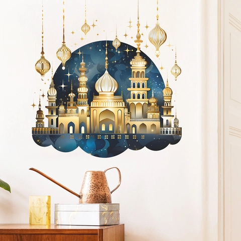 Pegatina de Pared de Mezquita Islámica Decoración de Ramadan Eid Oro Luna Estrellas Linterna Castillo Vinilo para Salón PVC