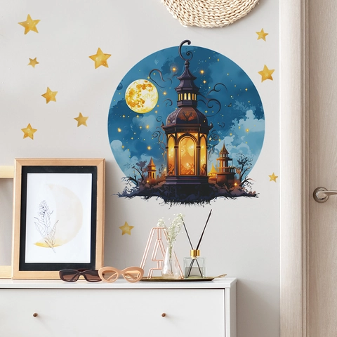 Adesivi Murali Fantasia Circolare con Luna Lanterna e Stelle in PVC Stampato Decalcomania Decorativa per Cameretta Bambini Soggiorno Arredamento Casa