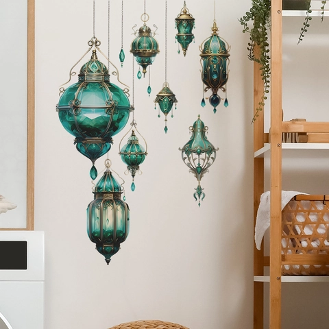 Pegatinas de Pared de Linterna Verde Esmeralda Vintage Calcomanías de PVC Lámpara Colgante Étnica para Dormitorio Sala