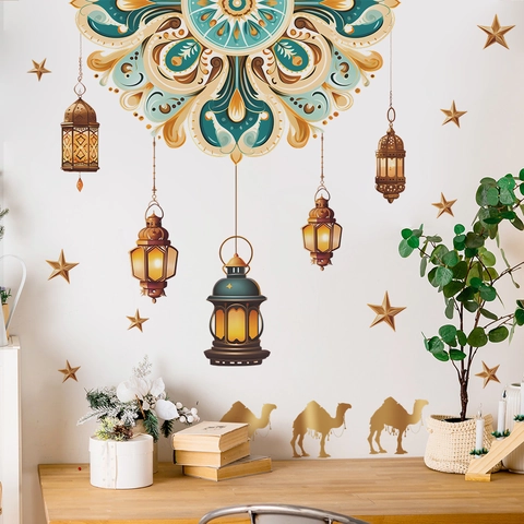 Pegatinas de Pared Ramadan Eid Mandala Islámico Étnico Linterna Camello Estrella Calcomanías de Pared Para Sala de Estar Dormitorio Decoración