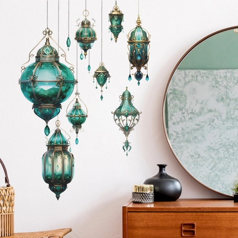 Pegatinas de Pared de Linterna Verde Esmeralda Vintage Calcomanías de PVC Lámpara Colgante Étnica para Dormitorio Sala