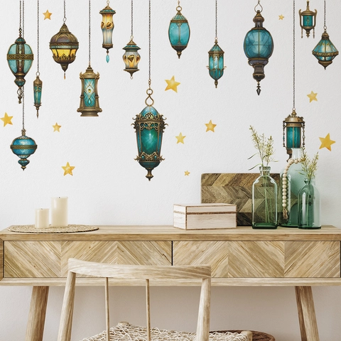 Stile Vintage Medio Orientale Blu Lampade a Sospensione Adesivo da Parete in PVC Con Stelle Oro Lanterne Islamiche per Camera da Letto Soggiorno