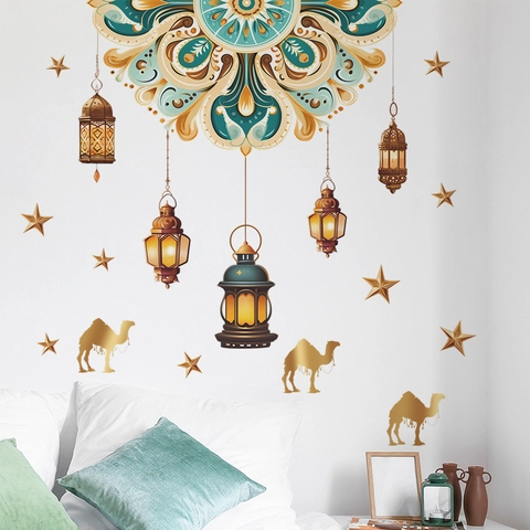 Pegatinas de Pared Ramadan Eid Mandala Islámico Étnico Linterna Camello Estrella Calcomanías de Pared Para Sala de Estar Dormitorio Decoración