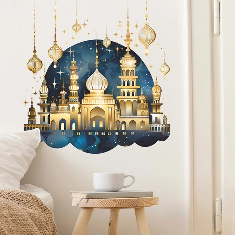 Pegatina de Pared de Mezquita Islámica Decoración de Ramadan Eid Oro Luna Estrellas Linterna Castillo Vinilo para Salón PVC