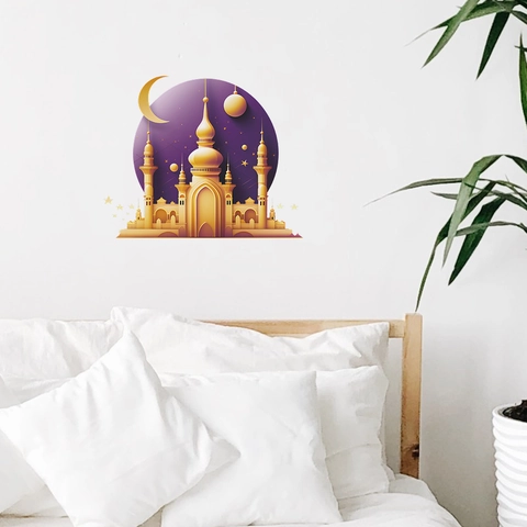 Islamitische Moskee Maan Ster Muurstickers Goud Paars Ramadan Eid Mubarak Home Decor Verwijderbare PVC Muurstickers Voor Slaapkamer Woonkamer