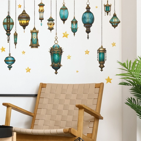 Stile Vintage Medio Orientale Blu Lampade a Sospensione Adesivo da Parete in PVC Con Stelle Oro Lanterne Islamiche per Camera da Letto Soggiorno