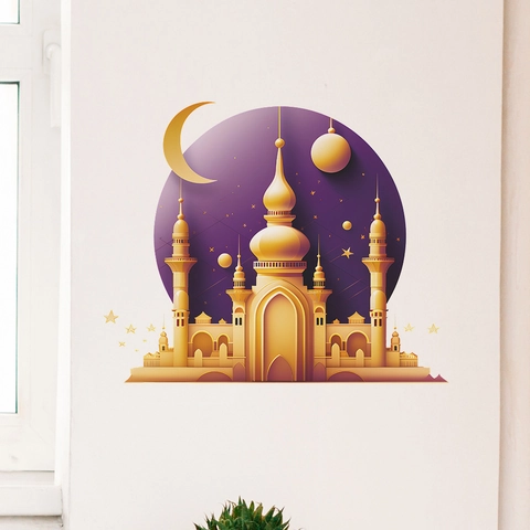 Islamitische Moskee Maan Ster Muurstickers Goud Paars Ramadan Eid Mubarak Home Decor Verwijderbare PVC Muurstickers Voor Slaapkamer Woonkamer