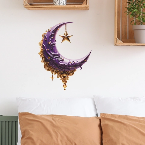 Pegatina de Pared Creativa Luna Púrpura y Estrella Efecto 3D Estilo Barroco Floral de PVC para Decoración de Hogar