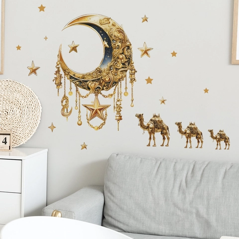 Adesivi Murali con Luna Stelle e Cammelli in Rilievo Dorati Stile Medio Orientale Ramadan PVC Decorazioni per Soggiorno Camera da Letto