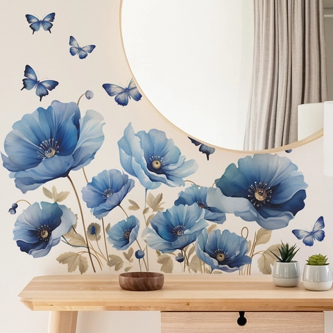 Aquarell Blaue Narzisse Schmetterling Wandsticker Abnehmbare PVC Blumen Wandtattoos Für Schlafzimmer Wohnzimmer Hintergrund Deko