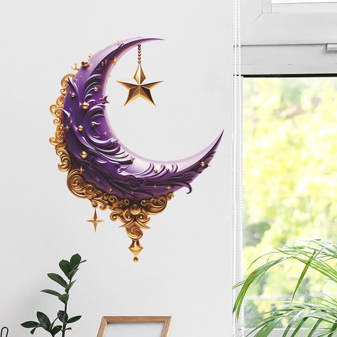 Pegatina de Pared Creativa Luna Púrpura y Estrella Efecto 3D Estilo Barroco Floral de PVC para Decoración de Hogar