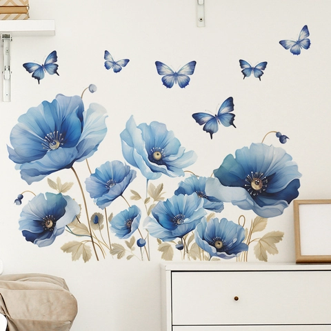 Aquarell Blaue Narzisse Schmetterling Wandsticker Abnehmbare PVC Blumen Wandtattoos Für Schlafzimmer Wohnzimmer Hintergrund Deko