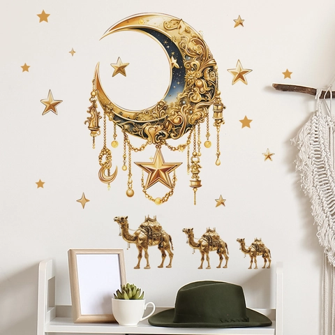Adesivi Murali con Luna Stelle e Cammelli in Rilievo Dorati Stile Medio Orientale Ramadan PVC Decorazioni per Soggiorno Camera da Letto
